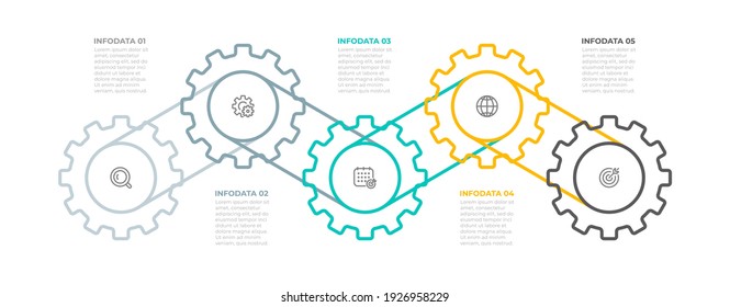 Business infographic template. Creative design with icon and cog elements. Timeline process with 5 options, steps, parts. Vector illustration.