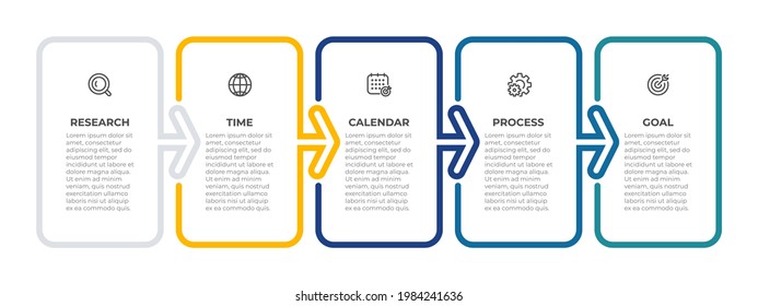 Business infographic template. Creative design with arrow parts. Timeline process with 5 options or steps.