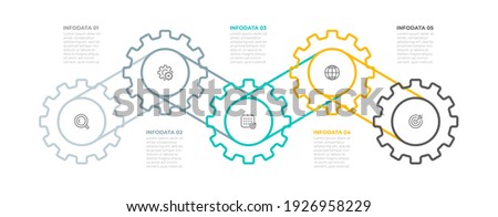 Business infographic template. Creative design with icon and cog elements. Timeline process with 5 options, steps, parts. Vector illustration.