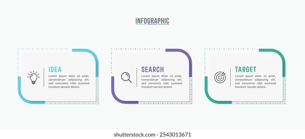 Design de modelo de infográfico de negócios. 3 opções ou etapas cronograma infográfico design. Pode ser usado para diagrama de processo, apresentações, layout de fluxo de trabalho, fluxograma, etapas, banner.