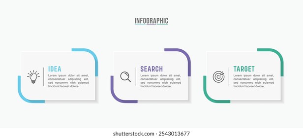 Design de modelo de infográfico de negócios. 3 opções ou etapas cronograma infográfico design. Pode ser usado para diagrama de processo, apresentações, layout de fluxo de trabalho, fluxograma, etapas, banner.