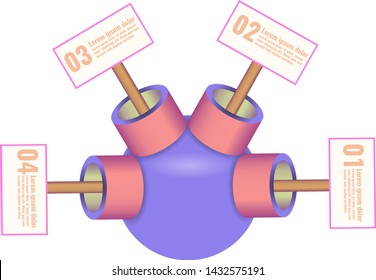 Business infographic template design with 4 elements in 4 steps. Pipes and spheres shapes. Vector illustration.