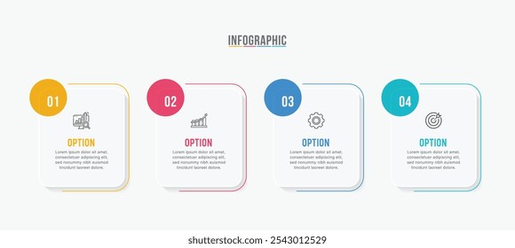 Design de modelo de infográfico de negócios. 4 opções ou etapas linha de tempo infográfico modelo design. Pode ser usado para diagrama de processo, apresentações, layout de fluxo de trabalho, fluxograma, etapas, banner.