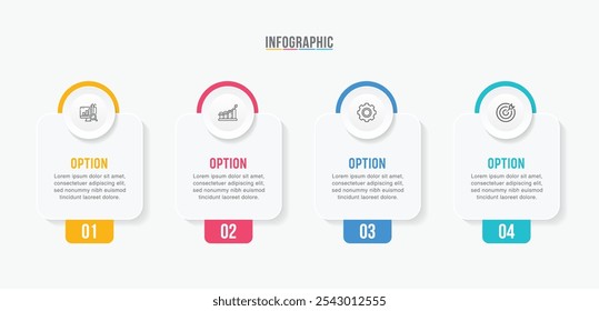 Design de modelo de infográfico de negócios. 4 opções ou etapas linha de tempo infográfico modelo design. Pode ser usado para diagrama de processo, apresentações, layout de fluxo de trabalho, fluxograma, etapas, banner.