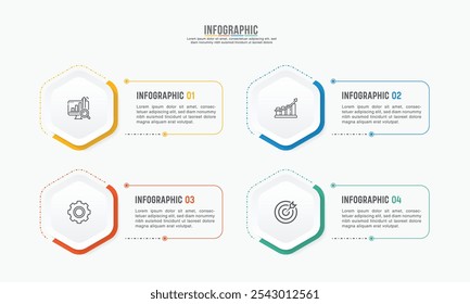 Design de modelo de infográfico de negócios. 4 opções ou etapas linha de tempo infográfico modelo design. Pode ser usado para diagrama de processo, apresentações, layout de fluxo de trabalho, fluxograma, etapas, banner.