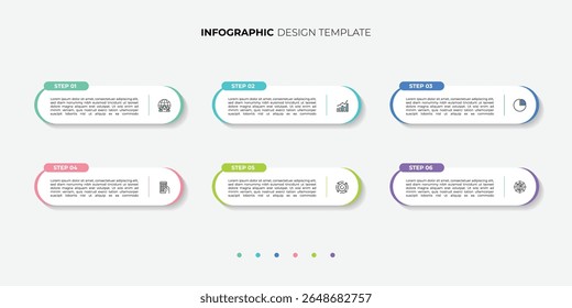 Business infographic template design. 6 options or steps timeline infographic design. Can be used for process diagram, presentations, workflow layout, flow chart, steps, banner.