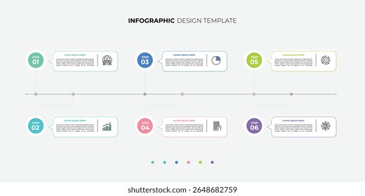 Business infographic template design. 6 options or steps timeline infographic design. Can be used for process diagram, presentations, workflow layout, flow chart, steps, banner.