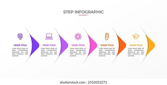 Design de modelo de infográfico de negócios com rótulo de seta, ícone e 5 opções. Adequado para Diagrama de Processo, Apresentações, Layout de Fluxo de Trabalho, Faixa, Fluxograma, Infográfico.