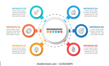 Business infographic template design with  circle and icons process step with 6 options. Can be used for workflow diagram, presentation or web design. Vector illustration.