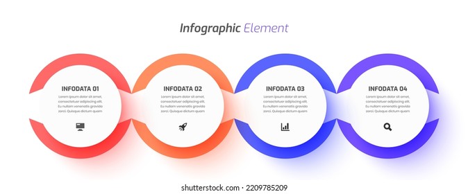 Business Infographic Template Design with Circle Label, Icon and 4 Options. Suitable for Process Diagram, Presentations, Workflow Layout, Banner, Flow Chart, Infographic.