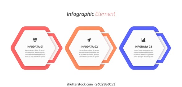 Business Infographic Template Design with Hexagon Label, Icon and 3 Option. Suitable for Process Diagram, Presentations, Workflow Layout, Banner, Flow Chart, Infographic.