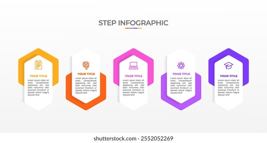 Business Infographic Template Design with hexagonal Label, Icon and 5 Options. Suitable for Process Diagram, Presentations, Workflow Layout, Banner, Flow Chart, Infographic.