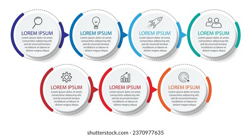 Business Infographic Template Design. minimal concept Timeline with 7 steps, options and marketing icons. Vector linear infographic with seven connected elements. Can be used for presentations on your