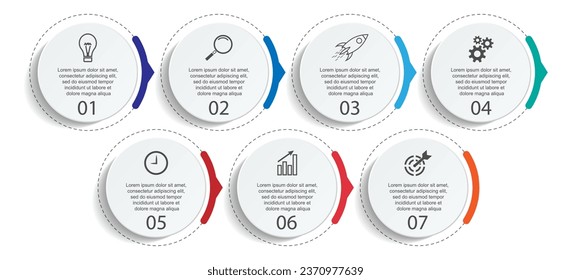 Infografik-Vorlagendesign für Unternehmen. minimales Konzept Zeitlinie mit 7 Schritten, Optionen und Marketing-Symbole. Lineare Vektorgrafik mit sieben verbundenen Elementen. Kann für Präsentationen auf