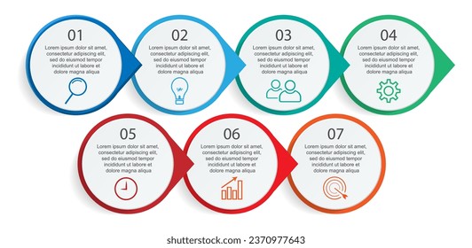 Infografik-Vorlagendesign für Unternehmen. minimales Konzept Zeitlinie mit 7 Schritten, Optionen und Marketing-Symbole. Lineare Vektorgrafik mit sieben verbundenen Elementen. Kann für Präsentationen auf