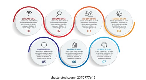 Infografik-Vorlagendesign für Unternehmen. minimales Konzept Zeitlinie mit 7 Schritten, Optionen und Marketing-Symbole. Lineare Vektorgrafik mit sieben verbundenen Elementen. Kann für Präsentationen auf