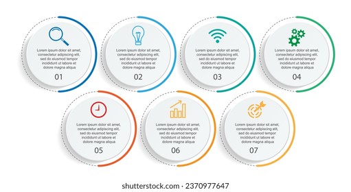 Business Infographic Template Design. minimal concept Timeline with 7 steps, options and marketing icons. Vector linear infographic with seven connected elements. Can be used for presentations on your