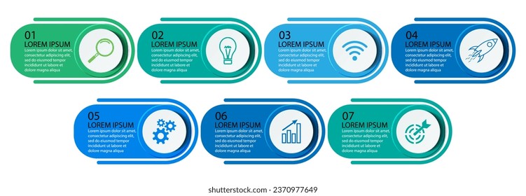 Business Infographic Template Design. minimal concept Timeline with 7 steps, options and marketing icons. Vector linear infographic with seven connected elements. Can be used for presentations on your