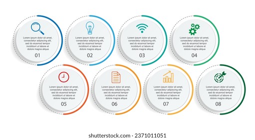 Business Infographic Template Design. minimal concept Timeline with 8 steps, options and marketing icons. Vector linear infographic with eight connected elements. Can be used for presentations on your