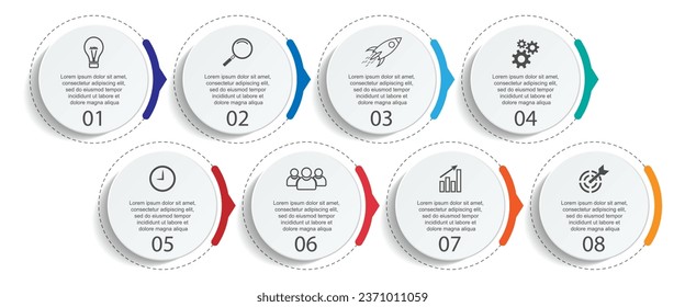 Business Infographic Template Design. minimal concept Timeline with 8 steps, options and marketing icons. Vector linear infographic with eight connected elements. Can be used for presentations on your