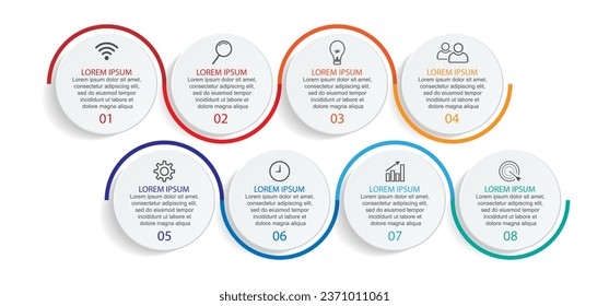 Business Infographic Template Design. minimal concept Timeline with 8 steps, options and marketing icons. Vector linear infographic with eight connected elements. Can be used for presentations on your