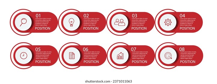 Diseño de plantillas de Infografía Empresarial. concepto mínimo Línea de tiempo con 8 pasos, opciones e iconos de marketing. Infografía lineal vectorial con ocho elementos conectados. Puede utilizarse para presentaciones en su