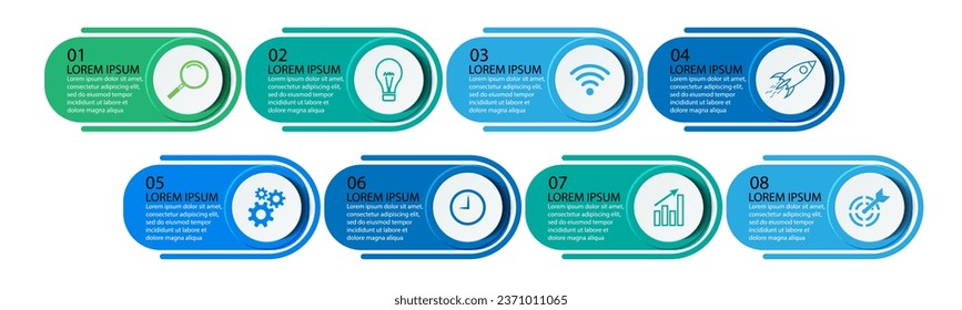 Diseño de plantillas de Infografía Empresarial. concepto mínimo Línea de tiempo con 8 pasos, opciones e iconos de marketing. Infografía lineal vectorial con ocho elementos conectados. Puede utilizarse para presentaciones en su