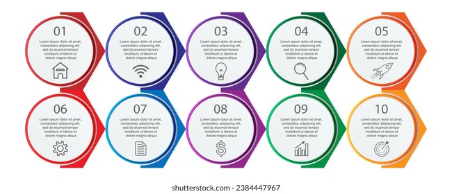 Business Infographic Template Design. Minimal concept of timeline with 10 steps,
options, and marketing icons. Vector linear infographic with ten connected elements.
Can be used for your business gift