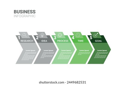 Plantilla de Infografía de Negocios. Diseñar con números 5 opciones o pasos. 5 Pasos Moderno diagrama de línea de tiempo con flechas de progreso, infografía de Vector de presentación. Gris y verde