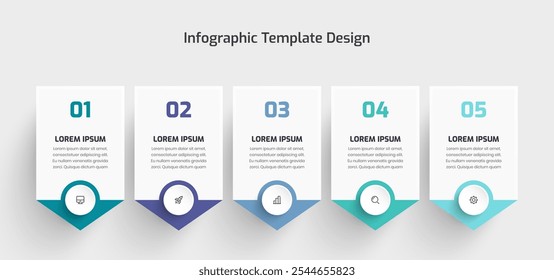 Business Infographic Template Design with Rectangle Label Icon and 5 Number for Presentation