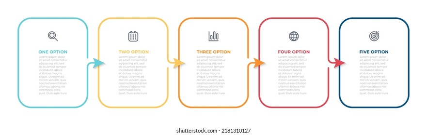 Infografisches Template-Design mit quadratischem Etikett mit Pfeil und 5 Optionen oder Schritten. Vektorgrafik.