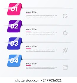 Business Infographic Template Design with Square Label, Icon and 4 Options. Suitable for Process Diagram, Presentations, Workflow Layout, Banner, Flow Chart, Infographic.