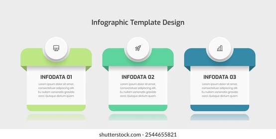 Design de modelo de infográfico de negócios com ícone de etiqueta quadrada e 3 opções para apresentação