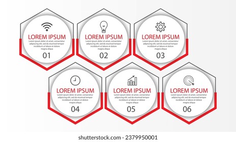 Business Infographic Template Design. Time line minimal concept with 6 options steps and marketing icons. Vector linear infographic with six connected elements. Can be used for your business gifts