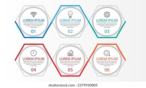 Diseño de plantillas de Infografía Empresarial. Concepto mínimo de línea de tiempo con 6 pasos de opciones e iconos de marketing. Infografía lineal vectorial con seis elementos conectados. Puede utilizarse para los regalos de su empresa
