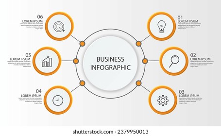 Business Infographic Template Design. Time line minimal concept with 6 options steps and marketing icons. Vector linear infographic with six connected elements. Can be used for your business gifts