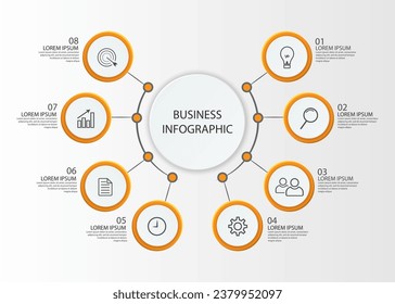 Business Infographic Template Design. Time line minimal concept with 8 options steps and marketing icons. Vector linear infographic with eight connected elements. Can be used for your business gifts