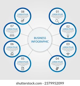 Business Infographic Template Design. Time line minimal concept with 8 options steps and marketing icons. Vector linear infographic with eight connected elements. Can be used for your business gifts