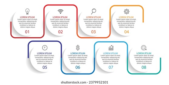 Business Infographic Template Design. Time line minimal concept with 8 options steps and marketing icons. Vector linear infographic with eight connected elements. Can be used for your business gifts