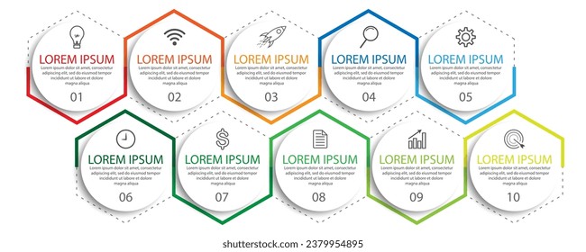 Business Infographic Template Design. Time line minimal concept with 10 options steps and marketing icons. Vector linear infographic with ten connected elements. Can be used for your business gifts