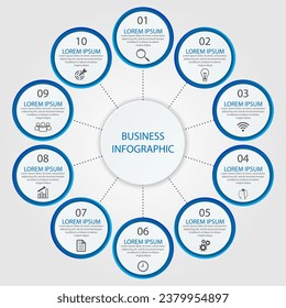 Business Infographic Template Design. Time line minimal concept with 10 options steps and marketing icons. Vector linear infographic with ten connected elements. Can be used for your business gifts