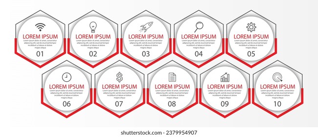 Business Infographic Template Design. Time line minimal concept with 10 options steps and marketing icons. Vector linear infographic with ten connected elements. Can be used for your business gifts