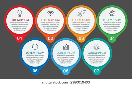 Infografik-Vorlagendesign für Unternehmen. Minimales Time-Line-Konzept mit 7 Optionen Schritte und Marketing-Symbole. Lineare Vektorgrafik mit sieben verbundenen Elementen. Kann für Ihre Geschäftsgeschenke verwendet werden