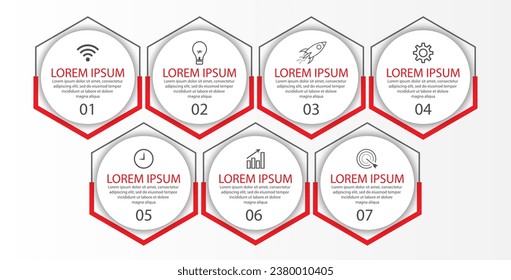 Infografik-Vorlagendesign für Unternehmen. Minimales Time-Line-Konzept mit 7 Optionen Schritte und Marketing-Symbole. Lineare Vektorgrafik mit sieben verbundenen Elementen. Kann für Ihre Geschäftsgeschenke verwendet werden