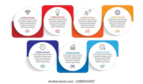 Business Infographic Template Design. Time line minimal concept with 7 options steps and marketing icons. Vector linear infographic with seven connected elements. Can be used for your business gifts