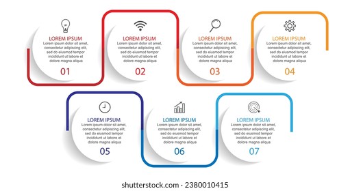 Business Infographic Template Design. Time line minimal concept with 7 options steps and marketing icons. Vector linear infographic with seven connected elements. Can be used for your business gifts