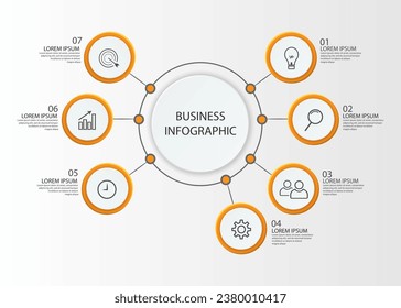 Business Infographic Template Design. Time line minimal concept with 7 options steps and marketing icons. Vector linear infographic with seven connected elements. Can be used for your business gifts