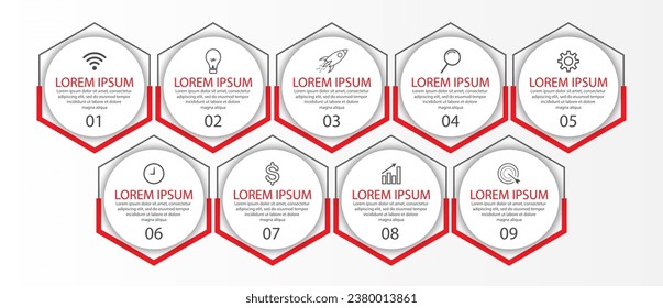 Business Infographic Template Design. Time line minimal concept with 9 options steps and marketing icons. Vector linear infographic with nine connected elements. Can be used for your business gifts