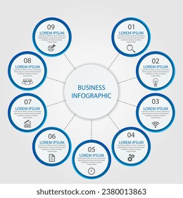 Business Infographic Template Design. Time line minimal concept with 9 options steps and marketing icons. Vector linear infographic with nine connected elements. Can be used for your business gifts