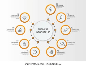 Business Infographic Template Design. Time line minimal concept with 9 options steps and marketing icons. Vector linear infographic with nine connected elements. Can be used for your business gifts